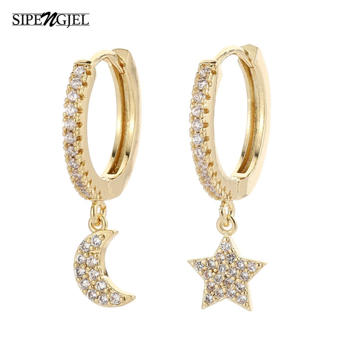 SIPENGJEL Fashion Inlaid Zircon Dainty Star And Moon Hoop Earrings Simple pendant earrings For Women Jewelry 2021 серги женские - Allofbeauty