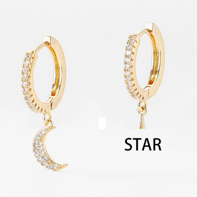 SIPENGJEL Fashion Inlaid Zircon Dainty Star And Moon Hoop Earrings Simple pendant earrings For Women Jewelry 2021 серги женские - Allofbeauty