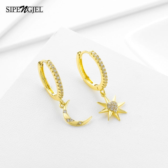 SIPENGJEL Fashion Inlaid Zircon Dainty Star And Moon Hoop Earrings Simple pendant earrings For Women Jewelry 2021 серги женские - Allofbeauty