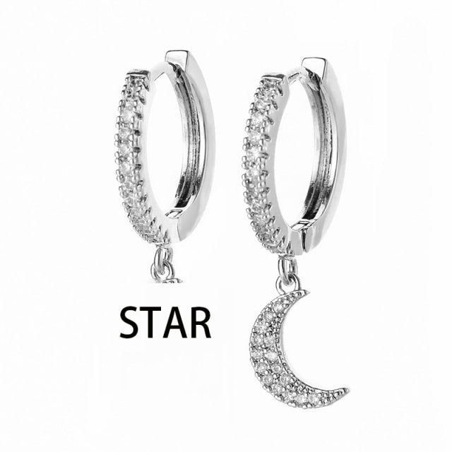 SIPENGJEL Fashion Inlaid Zircon Dainty Star And Moon Hoop Earrings Simple pendant earrings For Women Jewelry 2021 серги женские - Allofbeauty