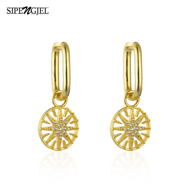 SIPENGJEL Fashion Inlaid Zircon Dainty Star And Moon Hoop Earrings Simple pendant earrings For Women Jewelry 2021 серги женские - Allofbeauty