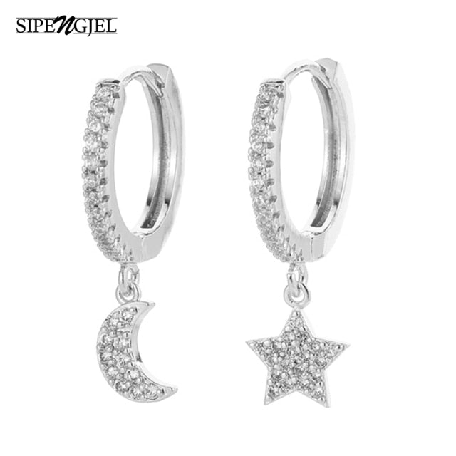 SIPENGJEL Fashion Inlaid Zircon Dainty Star And Moon Hoop Earrings Simple pendant earrings For Women Jewelry 2021 серги женские - Allofbeauty