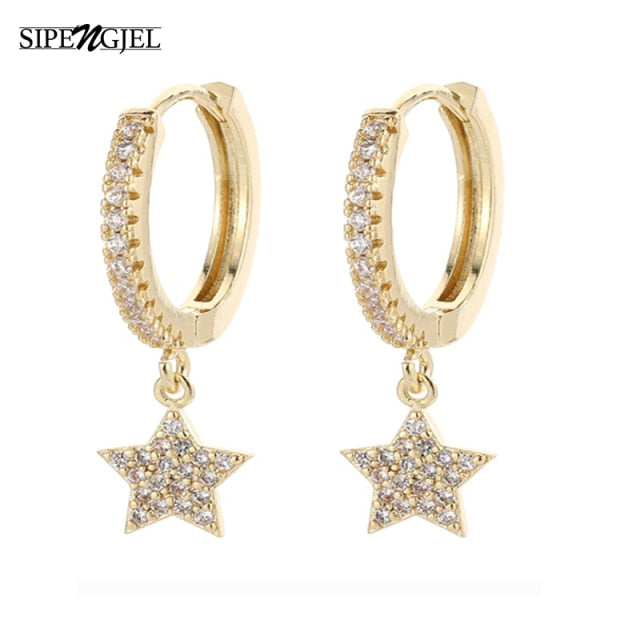 SIPENGJEL Fashion Inlaid Zircon Dainty Star And Moon Hoop Earrings Simple pendant earrings For Women Jewelry 2021 серги женские - Allofbeauty