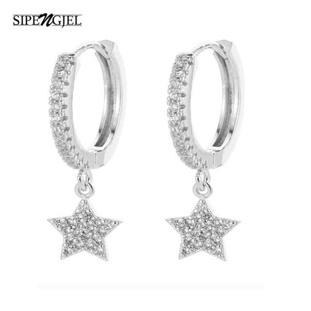 SIPENGJEL Fashion Inlaid Zircon Dainty Star And Moon Hoop Earrings Simple pendant earrings For Women Jewelry 2021 серги женские - Allofbeauty