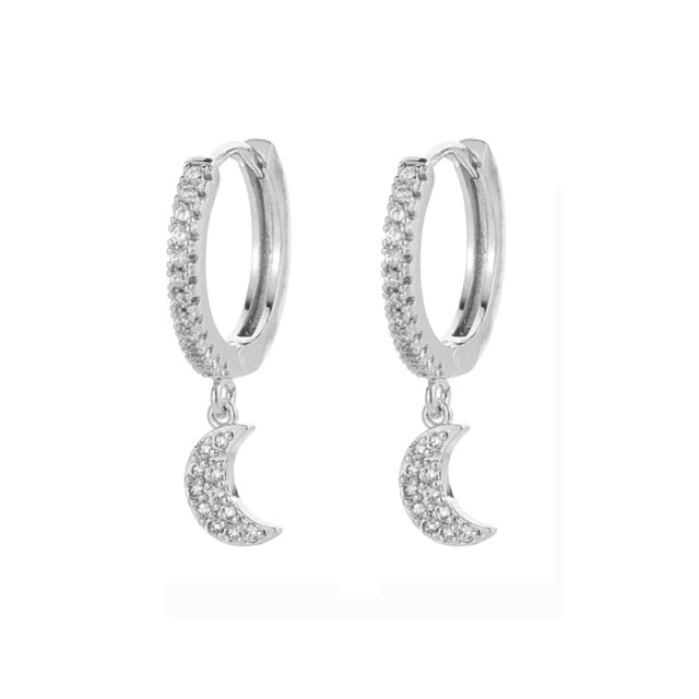 SIPENGJEL Fashion Inlaid Zircon Dainty Star And Moon Hoop Earrings Simple pendant earrings For Women Jewelry 2021 серги женские - Allofbeauty