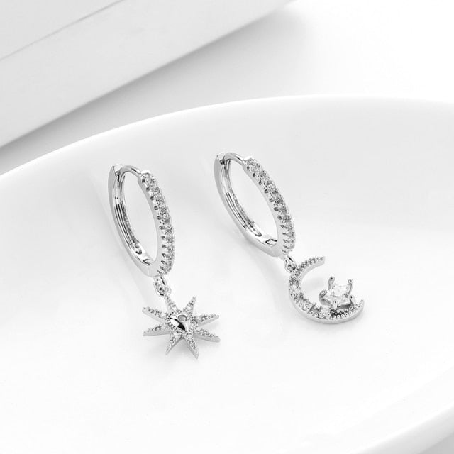 SIPENGJEL Fashion Inlaid Zircon Dainty Star And Moon Hoop Earrings Simple pendant earrings For Women Jewelry 2021 серги женские - Allofbeauty