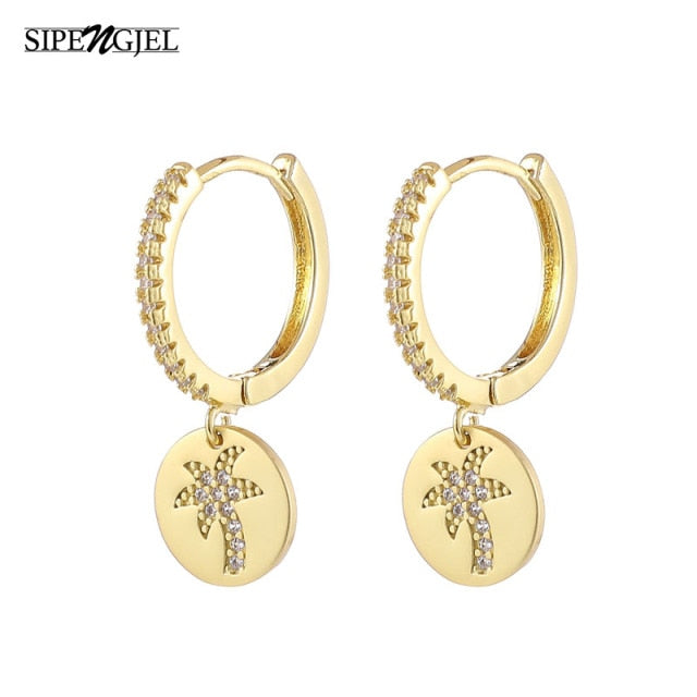SIPENGJEL Fashion Inlaid Zircon Dainty Star And Moon Hoop Earrings Simple pendant earrings For Women Jewelry 2021 серги женские - Allofbeauty