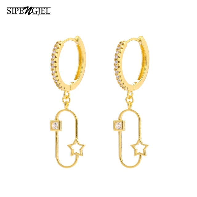 SIPENGJEL Fashion Inlaid Zircon Dainty Star And Moon Hoop Earrings Simple pendant earrings For Women Jewelry 2021 серги женские - Allofbeauty
