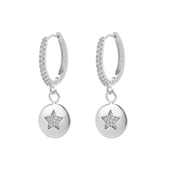 SIPENGJEL Fashion Inlaid Zircon Dainty Star And Moon Hoop Earrings Simple pendant earrings For Women Jewelry 2021 серги женские - Allofbeauty